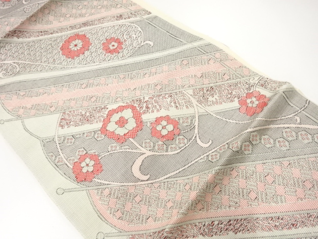 JAPANESE KIMONO / NAGOYA OBI / SILK / WOVEN FLORAL ARABESQUE